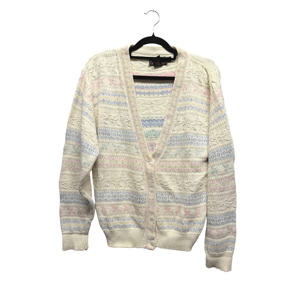 Vintage Eddie Bauer Pastel Fair Isle Cardigan Sweater Cotton Cream Womens Small